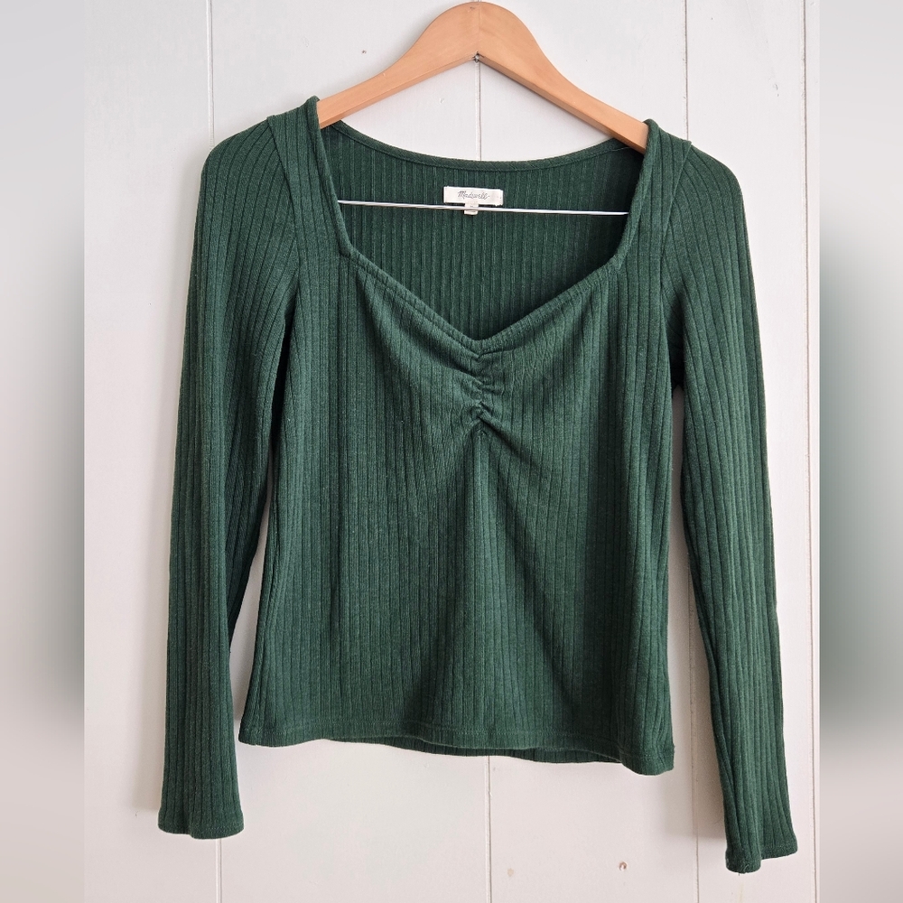 Madewell Dark Green Ribbed Long Sleeve Top with Square Neckline